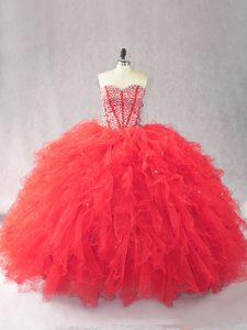 Wonderful Floor Length Lace Up Quinceanera Gown Red for Sweet 16 and Quinceanera with Beading and Ruffles