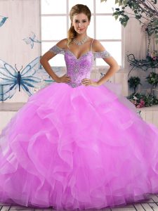 Edgy Floor Length Lilac Quinceanera Dresses Tulle Sleeveless Beading and Ruffles