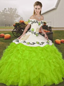 Sleeveless Organza Floor Length Lace Up Quinceanera Dresses in Yellow Green with Embroidery and Ruffles