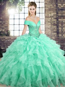 Fantastic Apple Green Organza Lace Up Ball Gown Prom Dress Sleeveless Brush Train Beading and Ruffles