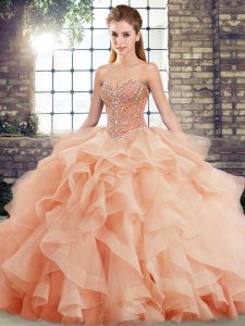 Cute Sleeveless Tulle Brush Train Lace Up Quinceanera Dress in Peach with Beading and Ruffles
