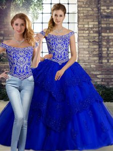 Spectacular Off The Shoulder Sleeveless Quinceanera Gowns Brush Train Beading and Lace Royal Blue Tulle
