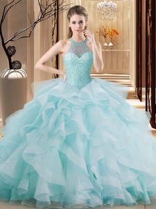 Affordable Light Blue Lace Up Halter Top Embroidery and Ruffles Sweet 16 Dress Organza Sleeveless Brush Train
