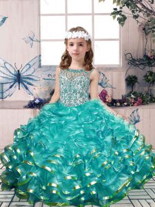Floor Length Teal Child Pageant Dress Scoop Sleeveless Lace Up