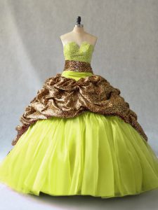 Decent Brush Train Ball Gowns Vestidos de Quinceanera Yellow Green V-neck Organza and Printed Sleeveless Lace Up