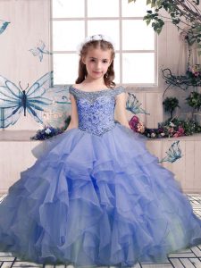 Lavender Off The Shoulder Neckline Beading and Ruffles Little Girls Pageant Dress Sleeveless Lace Up