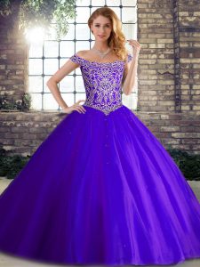Purple Sleeveless Tulle Brush Train Lace Up 15th Birthday Dress for Military Ball and Sweet 16 and Quinceanera