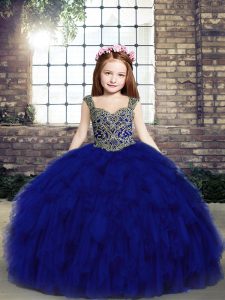 Royal Blue Sleeveless Tulle Lace Up Little Girls Pageant Gowns for Party and Wedding Party