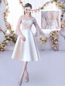 Fashion Champagne Satin Lace Up Quinceanera Court of Honor Dress 3 4 Length Sleeve Tea Length Lace and Belt