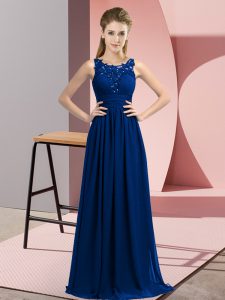 Flare Royal Blue Empire Chiffon Scoop Sleeveless Beading and Appliques Floor Length Zipper Quinceanera Dama Dress