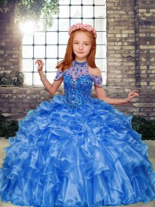 Blue Ball Gowns Organza High-neck Sleeveless Beading and Ruffles Floor Length Lace Up Little Girls Pageant Dress