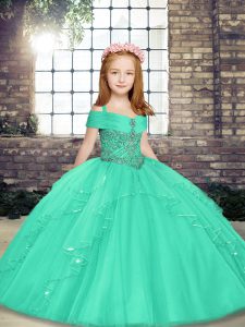 Sleeveless Floor Length Beading Lace Up Little Girls Pageant Dress Wholesale with Aqua Blue