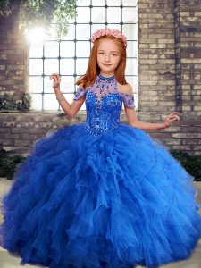 Blue Little Girl Pageant Gowns Party and Wedding Party with Beading and Ruffles High-neck Sleeveless Lace Up
