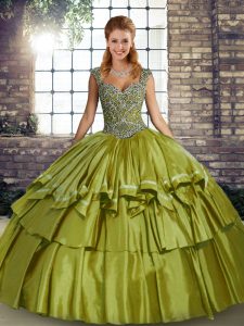 Beading and Ruffled Layers Quinceanera Dresses Olive Green Lace Up Sleeveless Floor Length