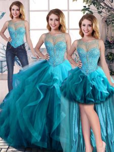 Best Selling Sleeveless Tulle Floor Length Lace Up Quinceanera Dress in Aqua Blue with Beading and Ruffles