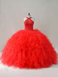 Sleeveless Floor Length Beading and Ruffles Lace Up Vestidos de Quinceanera with Red