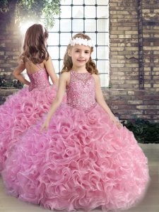 Custom Made Scoop Sleeveless Lace Up Kids Formal Wear Pink Fabric With Rolling Flowers