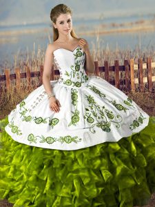 Customized Embroidery and Ruffles 15th Birthday Dress Olive Green Lace Up Sleeveless Floor Length