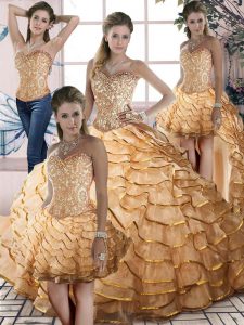 Luxurious Gold Sweet 16 Dress Sweet 16 and Quinceanera with Beading and Ruffled Layers Sweetheart Sleeveless Brush Train Lace Up