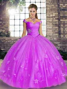 Best Tulle Off The Shoulder Sleeveless Lace Up Beading and Appliques Sweet 16 Dresses in Lavender