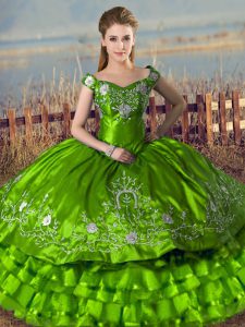 Free and Easy Green Ball Gowns Satin Off The Shoulder Sleeveless Embroidery and Ruffled Layers Floor Length Lace Up Ball Gown Prom Dress