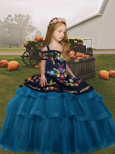 Ball Gowns Little Girls Pageant Gowns Teal Straps Tulle Sleeveless Floor Length Lace Up
