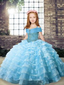 Aqua Blue Ball Gowns Beading and Ruffled Layers Girls Pageant Dresses Lace Up Organza Sleeveless