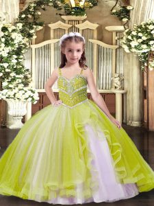Yellow Green Tulle Lace Up Little Girls Pageant Gowns Sleeveless Floor Length Beading