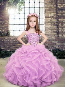 Lavender Tulle Lace Up Straps Sleeveless Floor Length Little Girl Pageant Dress Beading and Ruffles