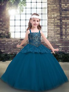 Classical Beading Little Girls Pageant Dress Wholesale Blue Lace Up Sleeveless Floor Length