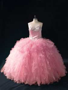 Floor Length Lace Up Quinceanera Dresses Pink for Sweet 16 and Quinceanera with Beading and Ruffles