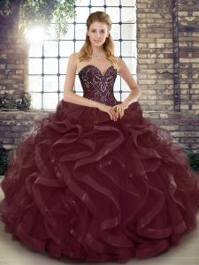 Smart Burgundy Tulle Lace Up 15th Birthday Dress Sleeveless Floor Length Beading and Ruffles