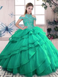 Sumptuous Sleeveless Floor Length Beading and Ruffles Lace Up Sweet 16 Quinceanera Dress with Turquoise