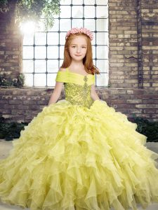 Sleeveless Floor Length Beading and Ruffles Lace Up Pageant Gowns For Girls with Yellow