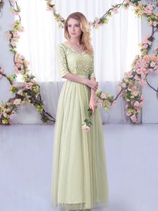 Yellow Green Half Sleeves Lace and Belt Floor Length Quinceanera Court of Honor Dress