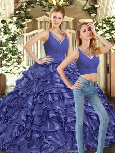Lavender Organza Backless Ball Gown Prom Dress Sleeveless Brush Train Ruffles