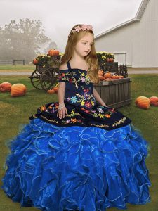 New Arrival Straps Sleeveless Little Girls Pageant Dress Floor Length Embroidery and Ruffles Blue Organza