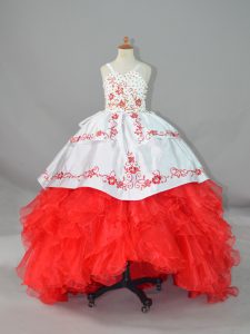 Customized White And Red Ball Gowns Straps Sleeveless Satin and Organza Sweep Train Lace Up Beading and Embroidery and Ruffles Girls Pageant Dresses