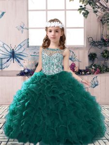 Custom Design Peacock Green Sleeveless Floor Length Beading and Ruffles Lace Up Little Girls Pageant Gowns