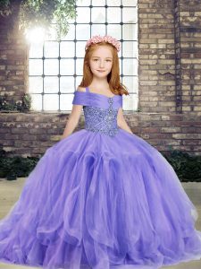 High Quality Lavender Lace Up Off The Shoulder Beading Little Girls Pageant Dress Taffeta and Tulle Sleeveless