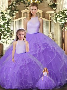 Fantastic Floor Length Backless Sweet 16 Dresses Lavender for Military Ball and Sweet 16 with Ruffles