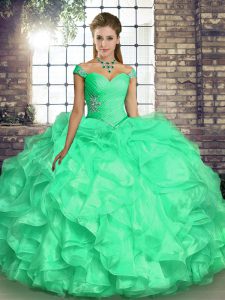 Modest Organza Off The Shoulder Sleeveless Lace Up Beading and Ruffles Sweet 16 Dresses in Turquoise