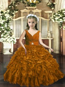 Brown Sleeveless Floor Length Beading and Ruffles Backless Little Girl Pageant Dress