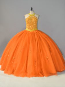 Wonderful Orange Sleeveless Beading Floor Length Quinceanera Gowns