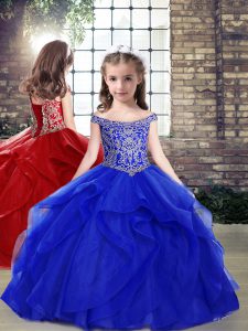 Custom Designed Royal Blue Ball Gowns Beading Child Pageant Dress Lace Up Organza Sleeveless Floor Length