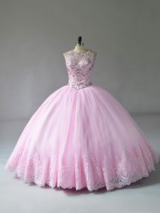 Exquisite Scoop Sleeveless Tulle Quinceanera Gown Beading and Appliques Lace Up