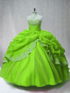 Superior Organza Sweetheart Long Sleeves Lace Up Beading and Appliques and Pick Ups 15 Quinceanera Dress in Green