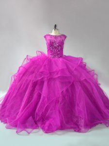 Long Sleeves Beading and Ruffles Lace Up 15 Quinceanera Dress with Fuchsia Brush Train