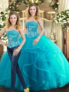 Aqua Blue Lace Up Strapless Beading and Ruffles Quinceanera Gowns Tulle Sleeveless