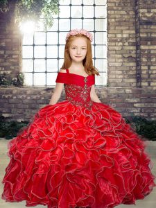 Best Red Straps Lace Up Beading and Ruffles Pageant Gowns For Girls Sleeveless